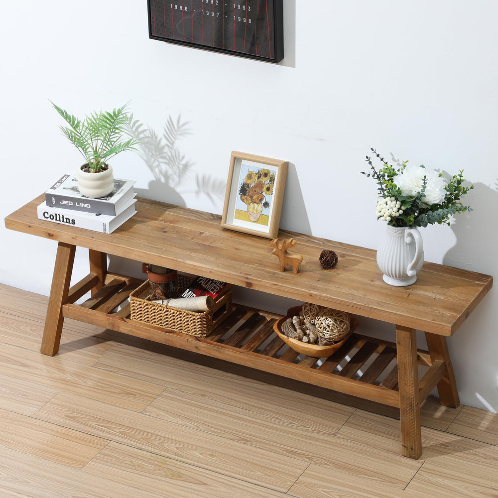 Rustic Reclaimed Wood Entryway Bench with Storage Shelf