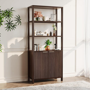 6-Tier Bookcase with Fluted Doors, 71" Wood Storage Cabinet