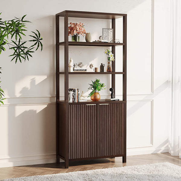 6-Tier Bookcase with Fluted Doors, 71" Wood Storage Cabinet