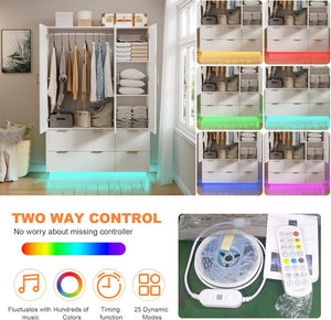 3-Door Wardrobe Armoire with Mirror, LED Lights & Drawers