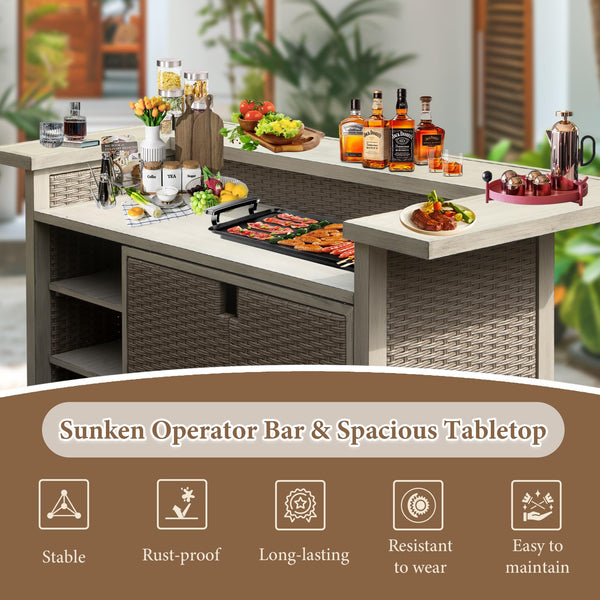Outdoor Aluminum PE Wicker Bar Table with Cabinet & Storage