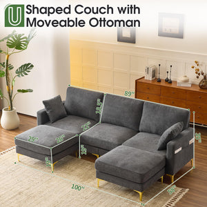 U-Shaped Sectional Sofa with Ottoman – Chenille Cloud Couch, 3-Seater