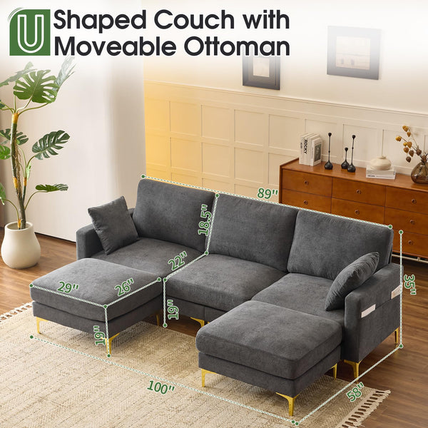 U-Shaped Sectional Sofa with Ottoman – Chenille Cloud Couch, 3-Seater