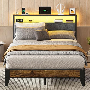 Queen Bed Frame with LED Headboard, Storage & Charging Station
