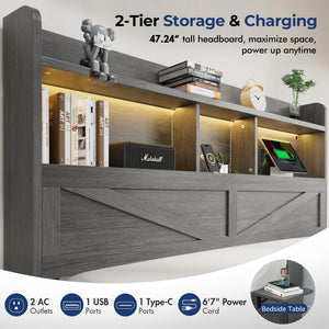 Queen Bed Frame with Storage Headboard, LED Lights & Charging Station