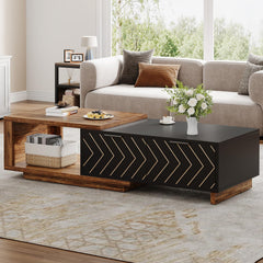 Tribesigns Extendable Coffee Table with 2 Storage Drawers, Dual-Tone Center Table with Sliding Tabletop, Multi-Functional Hidden Storage Wooden Rectangle Cocktail Table for Living Room (Brown & Black)
