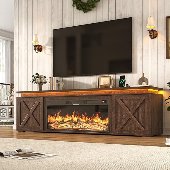 83" Farmhouse Fireplace TV Stand with LED Lighting & Storage Cabinets