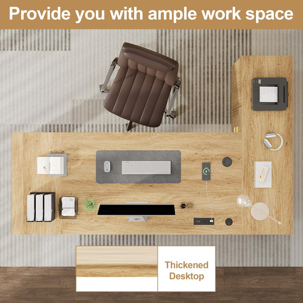L-Shaped Executive Desk with Drawers, File Cabinet & Power Outlet – Walnut