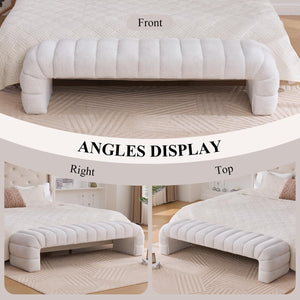 NIOIIKIT 69.7" Ottoman Bench, Teddy Upholstered Queen Size End of Bed Bench, Channel Tufted Entryway Bench with Cushion, Long Bedroom Bench, Window Bench Seat for Entryway, Living Room (Ivory)