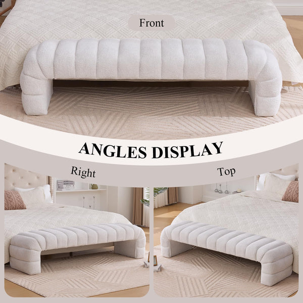 NIOIIKIT 69.7" Ottoman Bench, Teddy Upholstered Queen Size End of Bed Bench, Channel Tufted Entryway Bench with Cushion, Long Bedroom Bench, Window Bench Seat for Entryway, Living Room (Ivory)