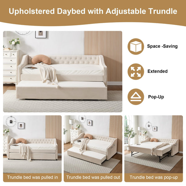 Twin Velvet Daybed with Pop-Up Trundle & USB Ports