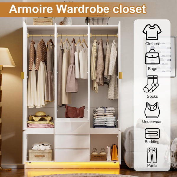 4-Door Armoire Wardrobe with LED Light & Mirror