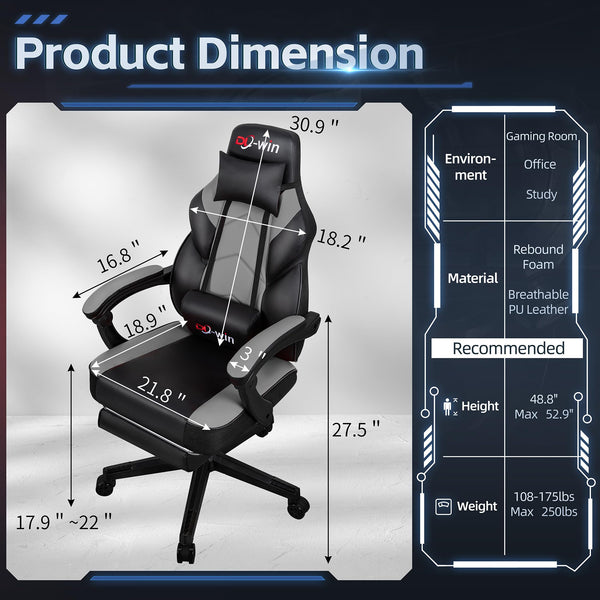 Big & Tall Gaming Chair with Footrest, Massage Lumbar Support & 360° Swivel
