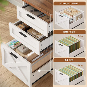 L-Shaped Desk with 3 Drawers, Storage Shelves & Power Outlets