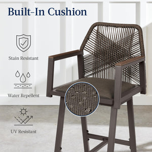 Outdoor Bar Stools Set of 2 – 360° Swivel, Aluminum Frame, Woven Rope, Armrests