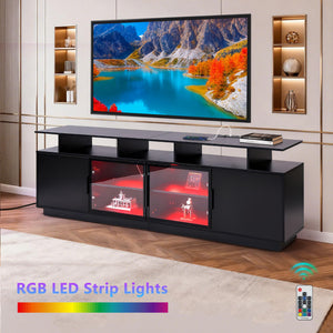 70-Inch Black TV Stand with LED Lights & Glass Doors