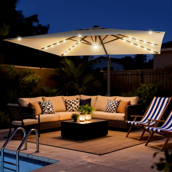 10 ft Square Cantilever Patio Umbrella with Solar Lights & Base