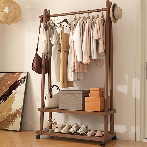 Freestanding Wooden Clothing Rack with Wheels