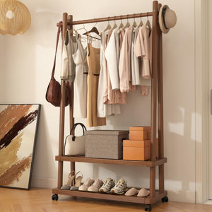Freestanding Wooden Clothing Rack with Wheels