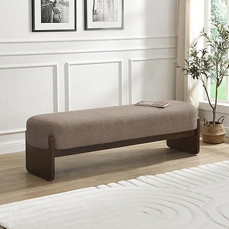 Rectangular Loop Yarn Ottoman Bench with Rubberwood Frame