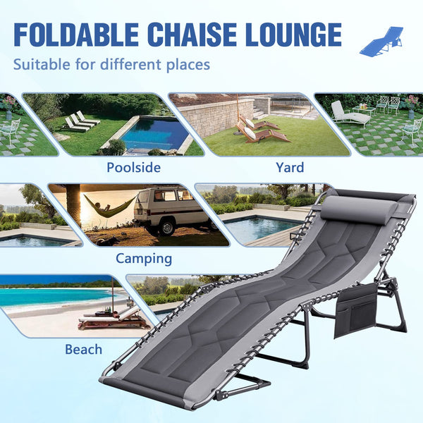 4-Fold Folding Outdoor Chaise Lounge Chair with Pillow & Side Pocket