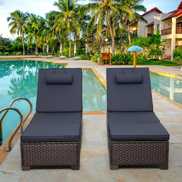Outdoor Chaise Lounge Set of 2 – Adjustable Wicker Pool Loungers