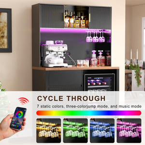 72" Tall Bar Cabinet with Fridge Space, Fluted Hutch, LED Light & Power Outlet
