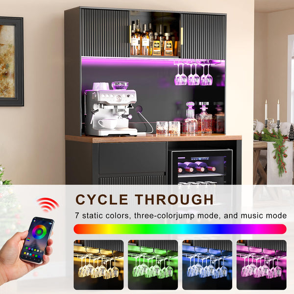 72" Tall Bar Cabinet with Fridge Space, Fluted Hutch, LED Light & Power Outlet