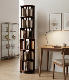 6-Tier Rotating Bookshelf Tower with Lockable Wheels