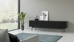 Low Profile TV Stand with Louvered Doors & Soundbar Shelf – Fits TVs up to 85"