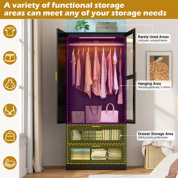 2-Door Wardrobe with LED & Mirror