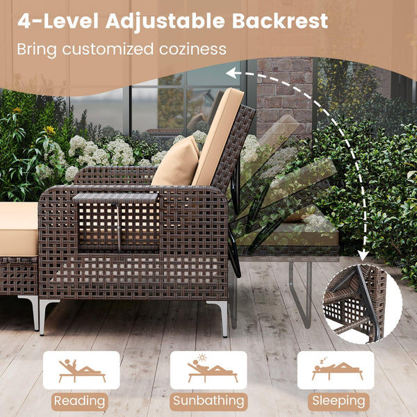 Patio Rattan Daybed with Adjustable Backrest & Storage Ottoman