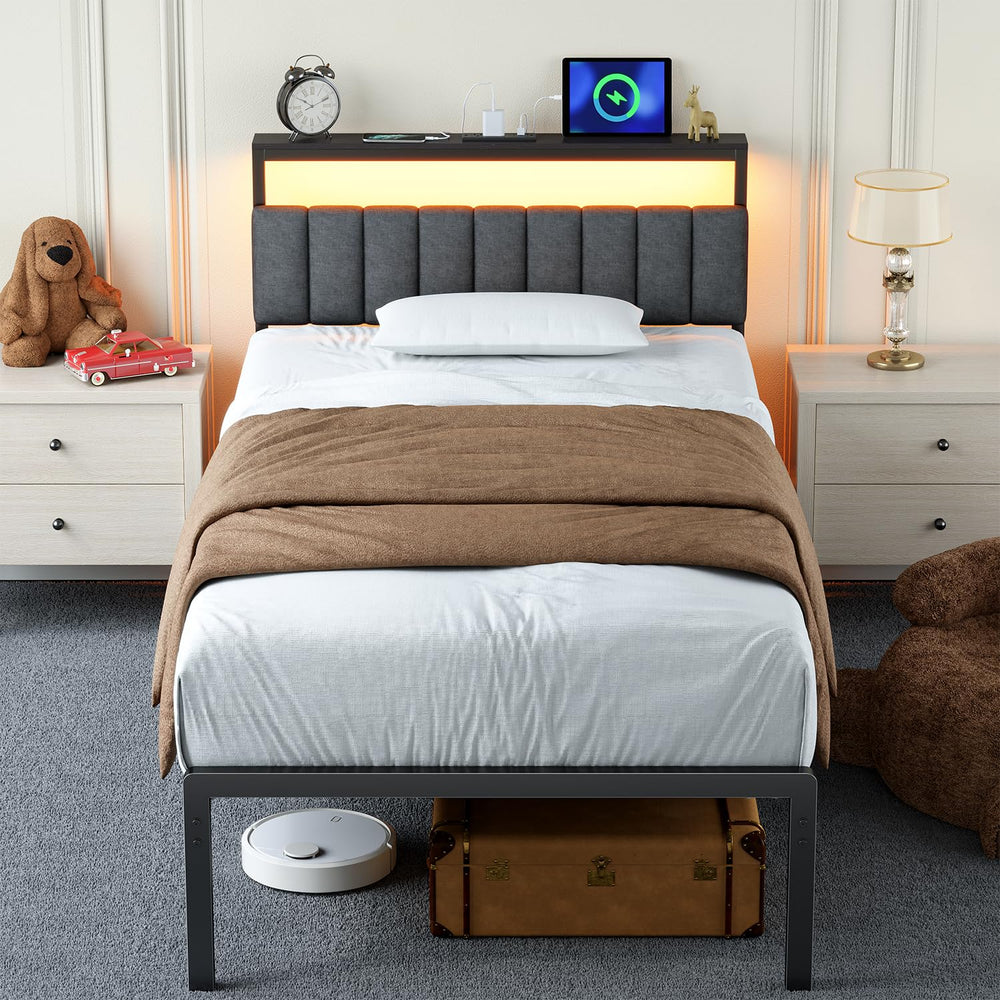 Twin Bed Frame with Headboard, LED Lights & Charging Station