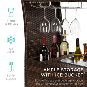 Rolling Wicker Bar Cart with Ice Bucket & Glass Top