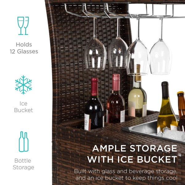 Rolling Wicker Bar Cart with Ice Bucket & Glass Top
