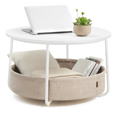 Round Coffee Table with Fabric Storage Basket & Metal Frame