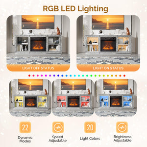 Mirrored Fireplace TV Stand with Electric Fireplace & LED Lights – Silver, 56" Wide