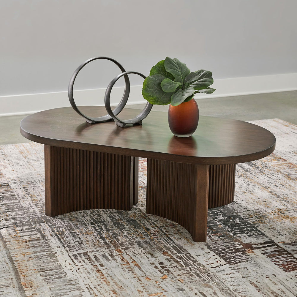 Mid-Century Modern Coffee Table with Reeded Double Pedestal Base | Dark Brown