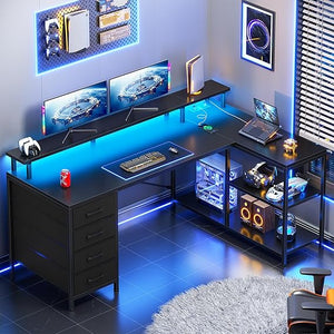 L-Shaped Desk with Drawers, LED Lights & Power Outlets