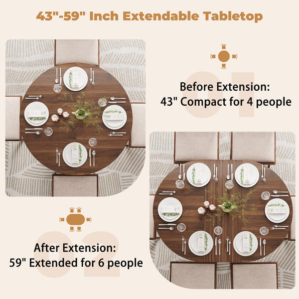 Expandable Round Dining Table 43–59 Inch with Cross Pedestal