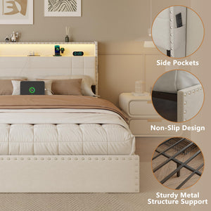 Upholstered Platform Bed Frame with Storage Drawers, LED Lights & Charging Station