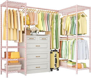 L-Shaped Corner Clothes Rack with Expandable Hanger Rod