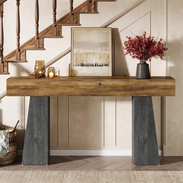 63-Inch Farmhouse Console Table with Double Trapezoid Base
