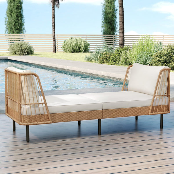 Outdoor PE Rattan Daybed Loveseat with Cushions & Metal Legs