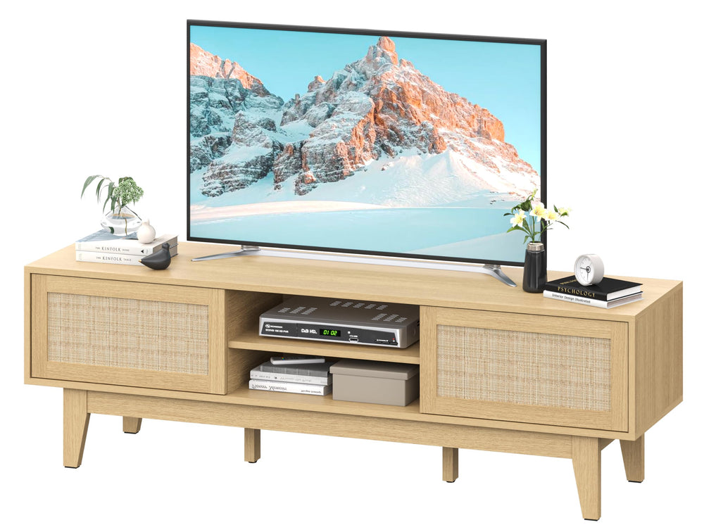 Rattan TV Stand with Sliding Doors & Open Shelves