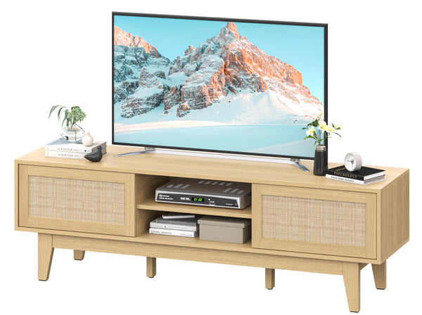 Rattan TV Stand with Sliding Doors & Open Shelves