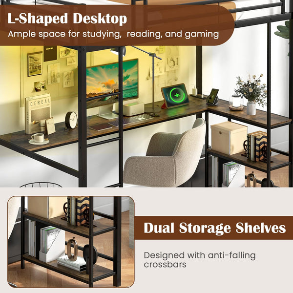 Twin Size Metal Loft Bed with Desk, LED Lights & Charging Station
