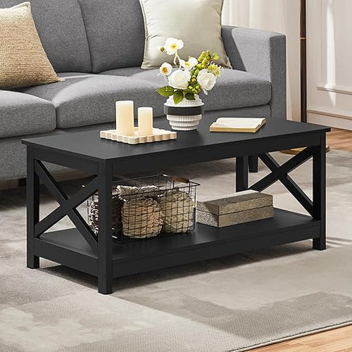 2-Tier Coffee Table with Storage Shelf and X-Design Legs