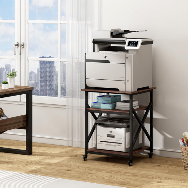 3-Tier Large Printer Stand with Height-Adjustable Shelf & Rolling Casters