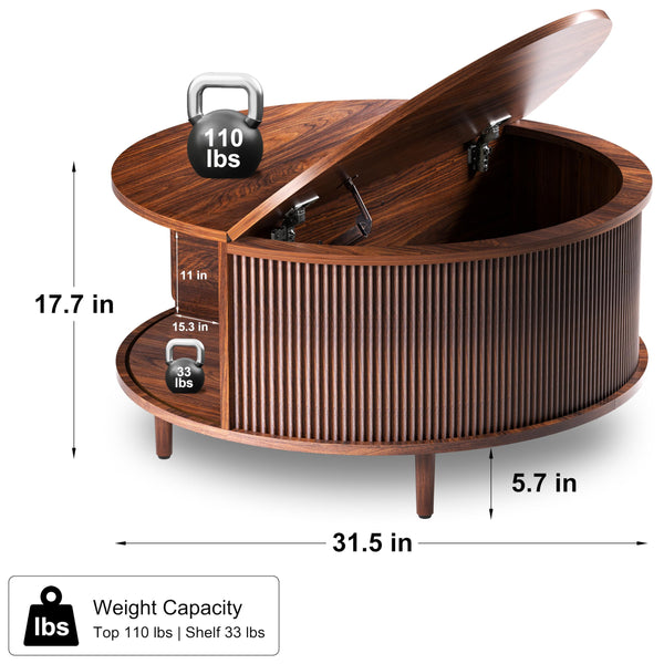 Round Lift-Top Coffee Table with Storage & Fluted Door